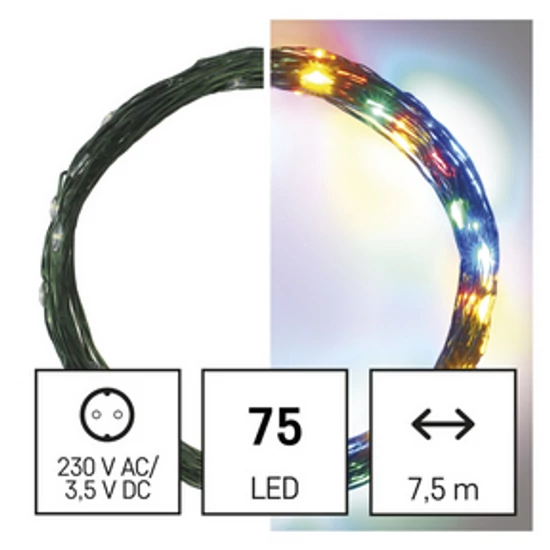 LED karácsonyi nano fényfüzér, zöld, 7,5 m, kültéri és beltéri, többszínű, időzítő