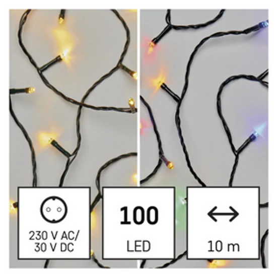 LED karácsonyi fényfüzér 2 az 1-ben, 10 m, kültéri és beltéri, meleg fehér/többszínű, prog