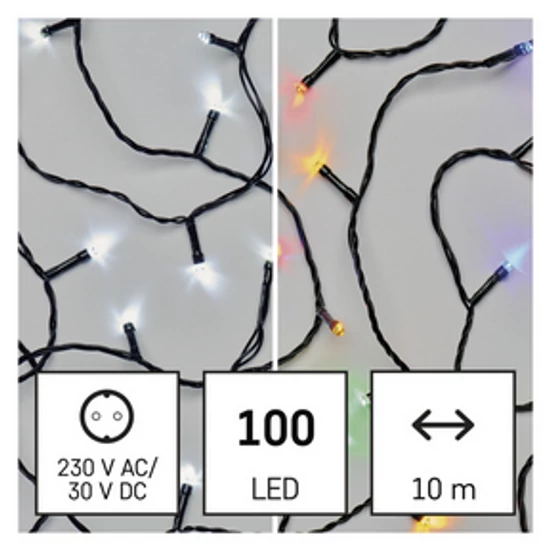 LED karácsonyi fényfüzér 2 az 1-ben, 10 m, kültéri és beltéri, hideg fehér/többszínű, prog