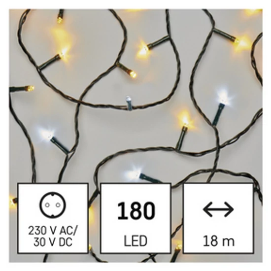 LED karácsonyi fényfüzér, villogó, 18 m, kültéri és beltéri, meleg/hideg fehér, időzítő