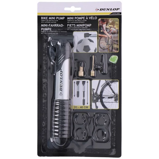 DUNLOP mini kerékpár pumpa, max 6bar, 3 adapterrel. Vázra szerelhető.