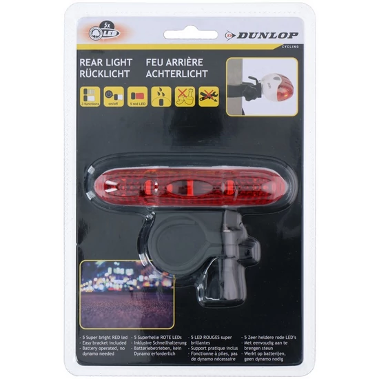 DUNLOP kerékpár hátsó lámpa 5 LED, 3 funkciós, 2xAAA (nem tartozék)