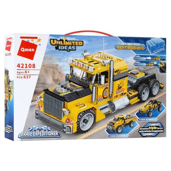 QMAN® 42108 | lego-kompatibilis építőjáték |  637 db építőkocka | 3-az-1-ben Csőrös kamion, Pick-up vagy Cross-autó – felhúzhatóak