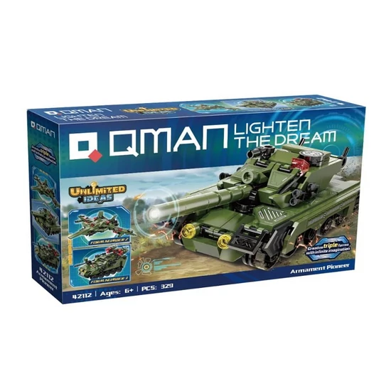 QMAN® 42112 | készségfejlesztő katonai építőjáték | 329 db építőkocka | 3 az 1-ben Tank, harcigép vagy tankelhárító
