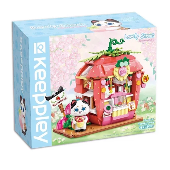 QMAN® K28008 Keeppley | lego-kompatibilis építőjáték | 350 db építőkocka | Tuxedo macska eper háza